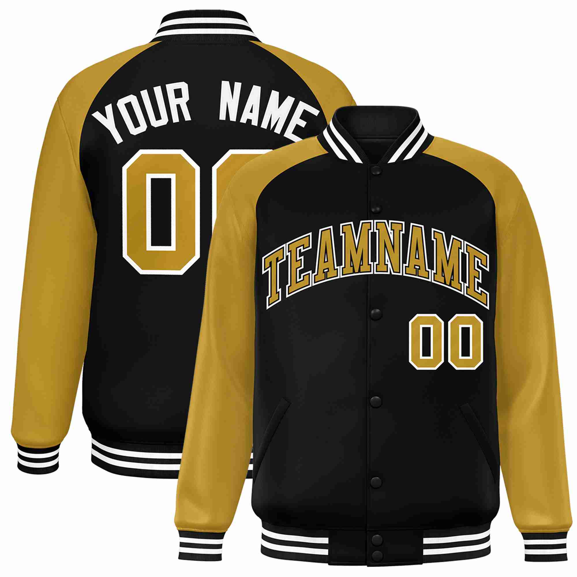 Veste Letterman Varsity Full-Snap Custom Black Old Gold-Black à manches raglan