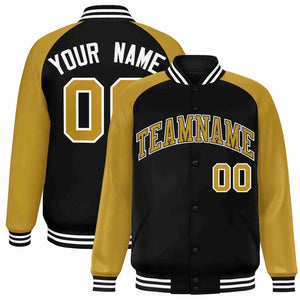 Custom Black Old Gold-Black Raglan Sleeves Varsity Full-Snap Letterman Jacket