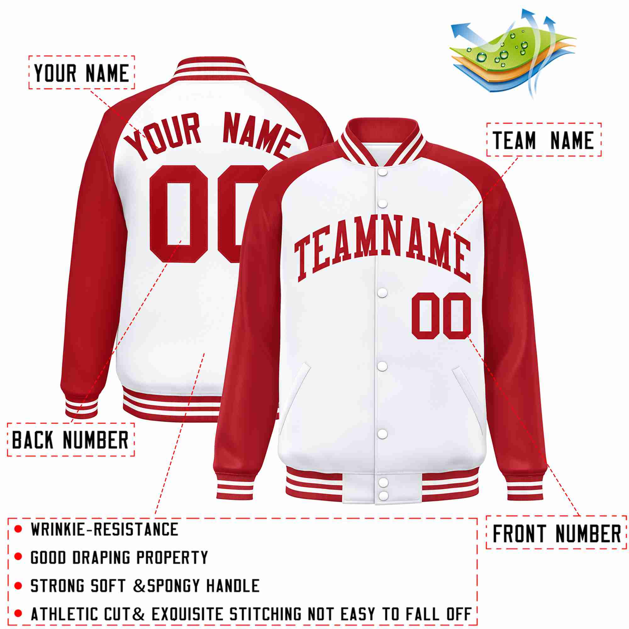 Custom White Red Raglan Sleeves Varsity Full-Snap Letterman Jacket