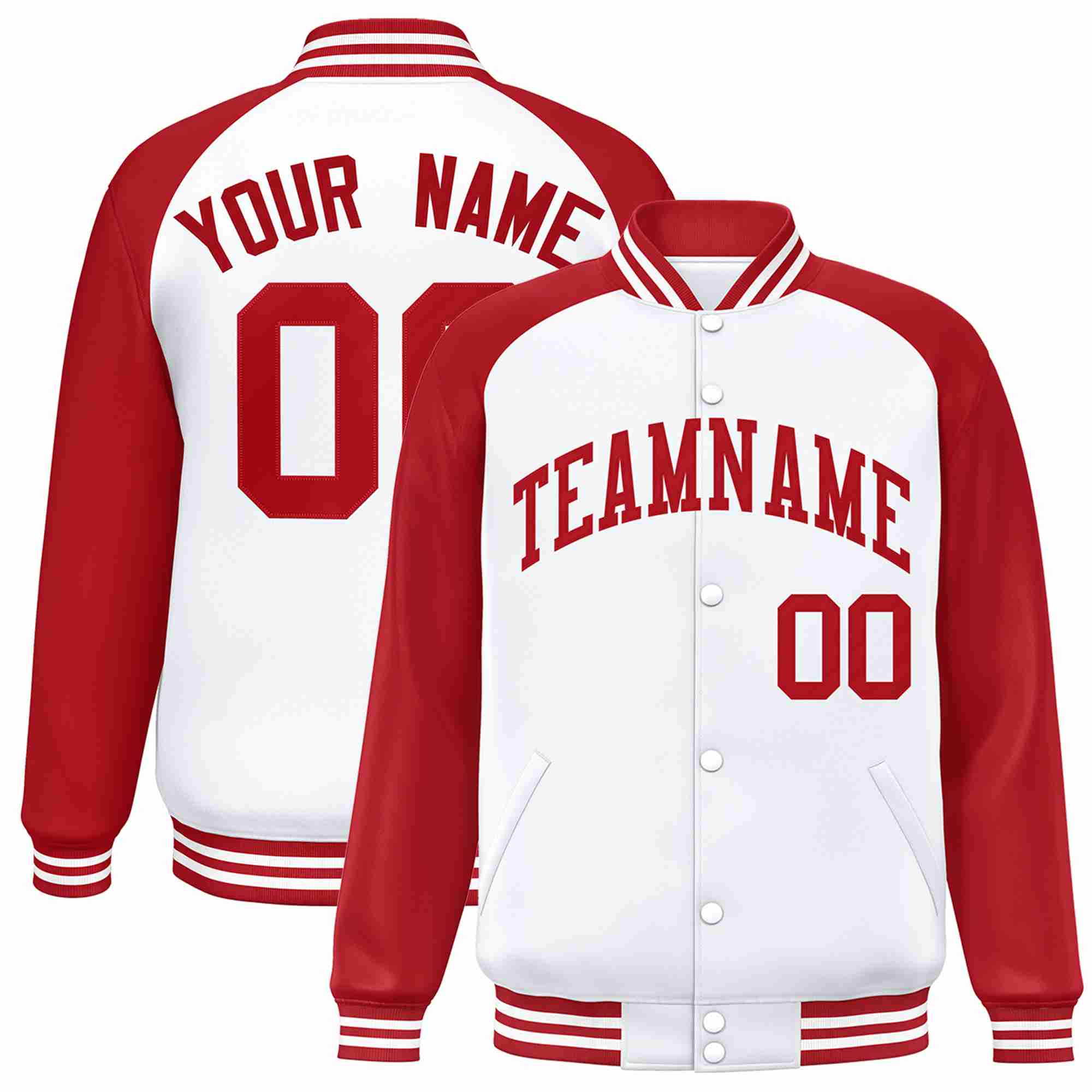 Veste Letterman Varsity Full-Snap à manches raglan blanches et rouges personnalisées