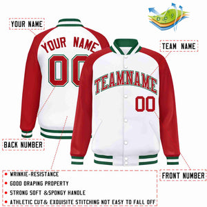 Veste Letterman Varsity Full-Snap personnalisée à manches raglan blanc rouge-blanc