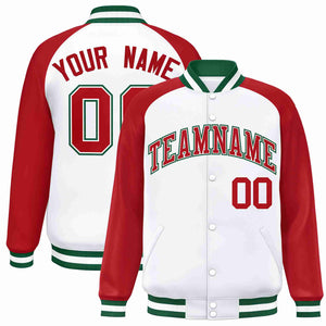 Veste Letterman Varsity Full-Snap personnalisée à manches raglan blanc rouge-blanc