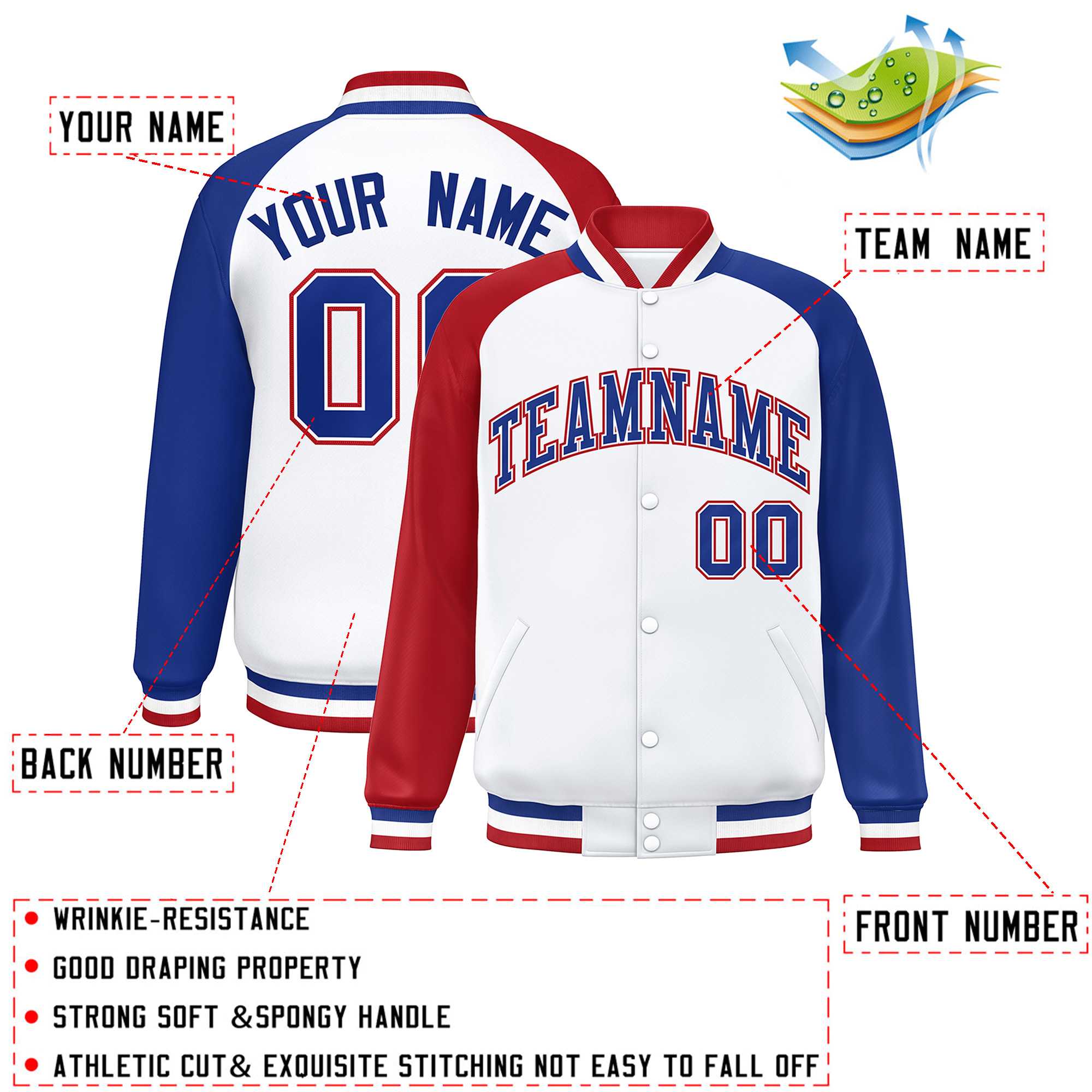 Veste Letterman Varsity Full-Snap à manches raglan blanc royal-blanc personnalisée