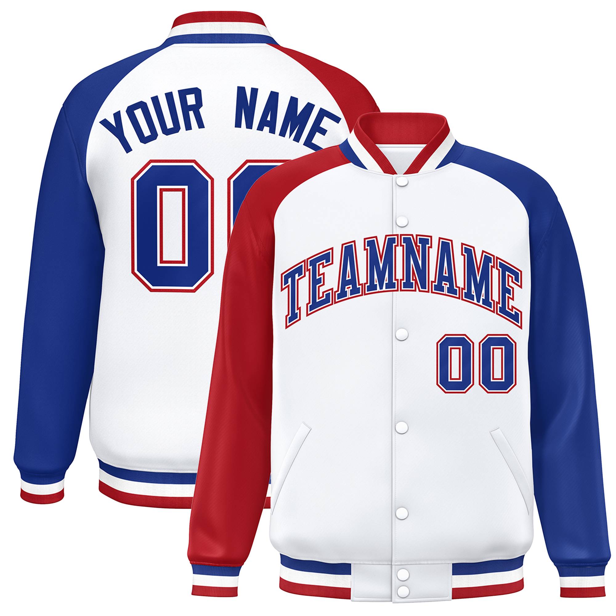 Veste Letterman Varsity Full-Snap à manches raglan blanc royal-blanc personnalisée