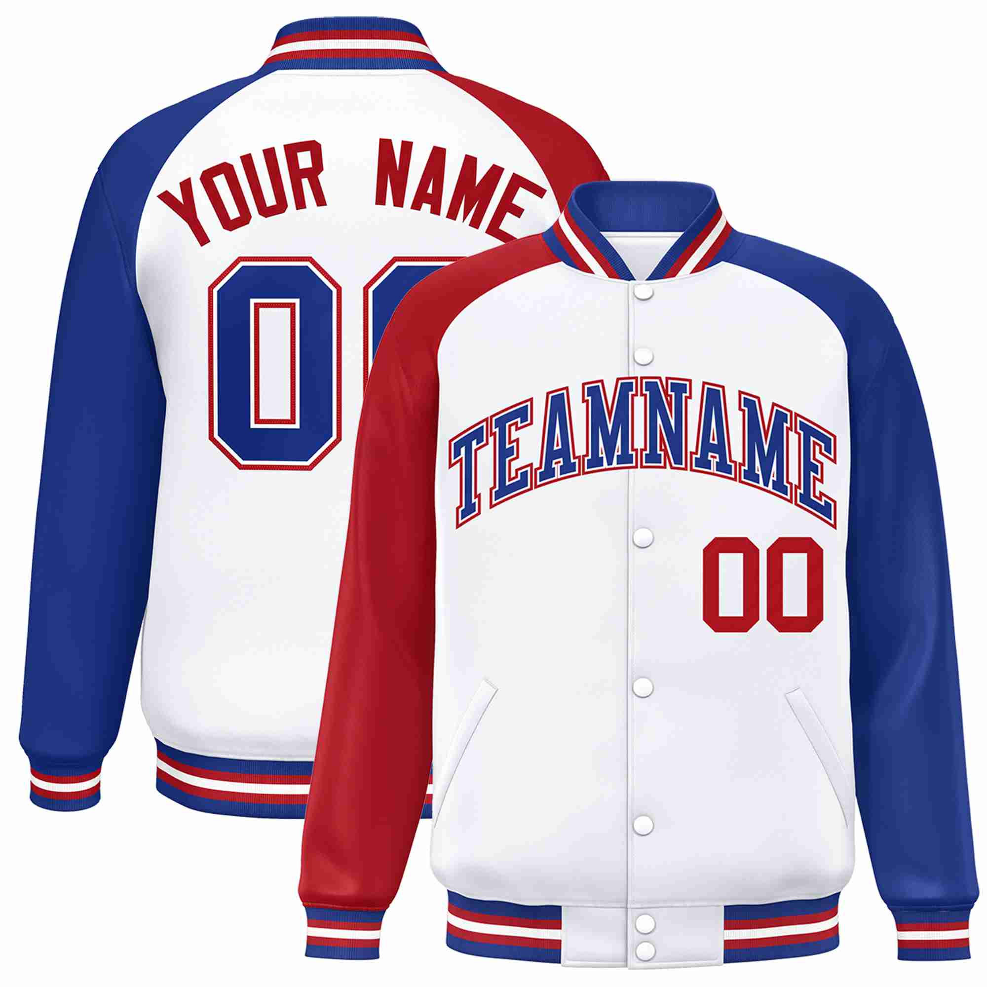 Veste Letterman Varsity Full-Snap à manches raglan blanc royal-blanc personnalisée