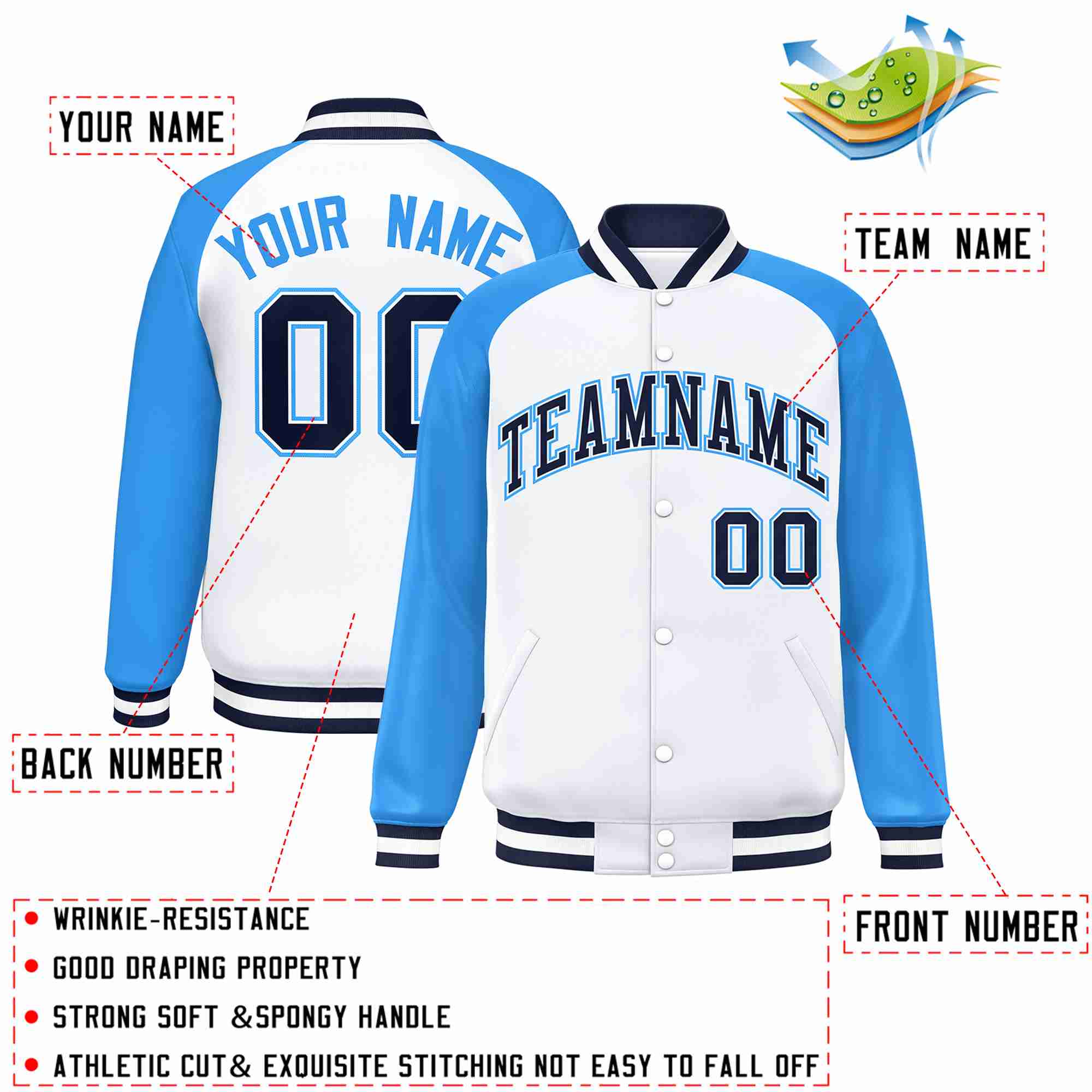 Custom White Navy-White Raglan Sleeves Varsity Full-Snap Letterman Jacket