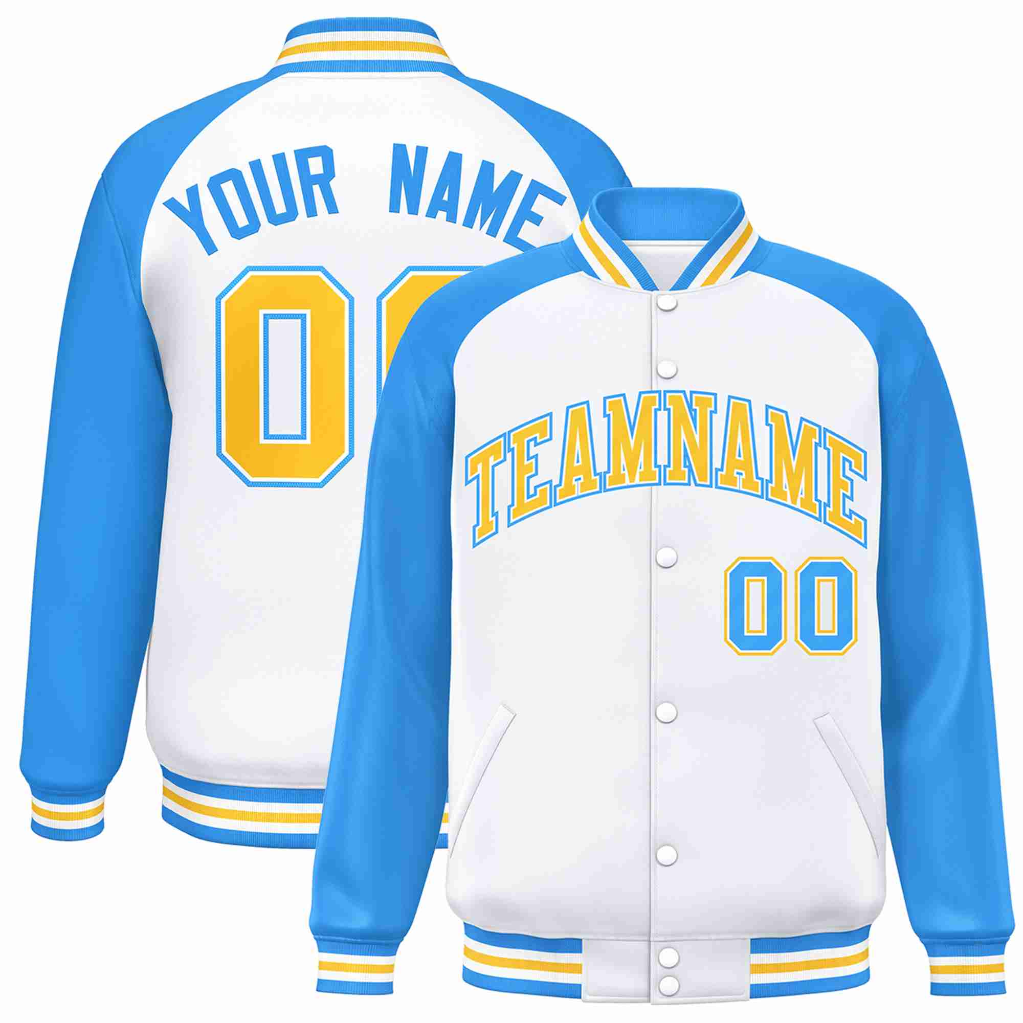 Veste Letterman Varsity Full-Snap à manches raglan personnalisées en or blanc et blanc