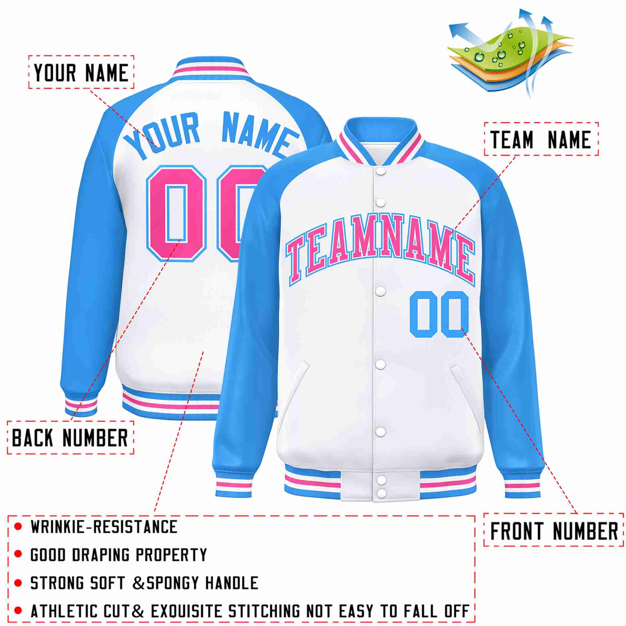 Custom White Pink-White Raglan Sleeves Varsity Full-Snap Letterman Jacket