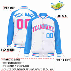 Custom White Pink-White Raglan Sleeves Varsity Full-Snap Letterman Jacket