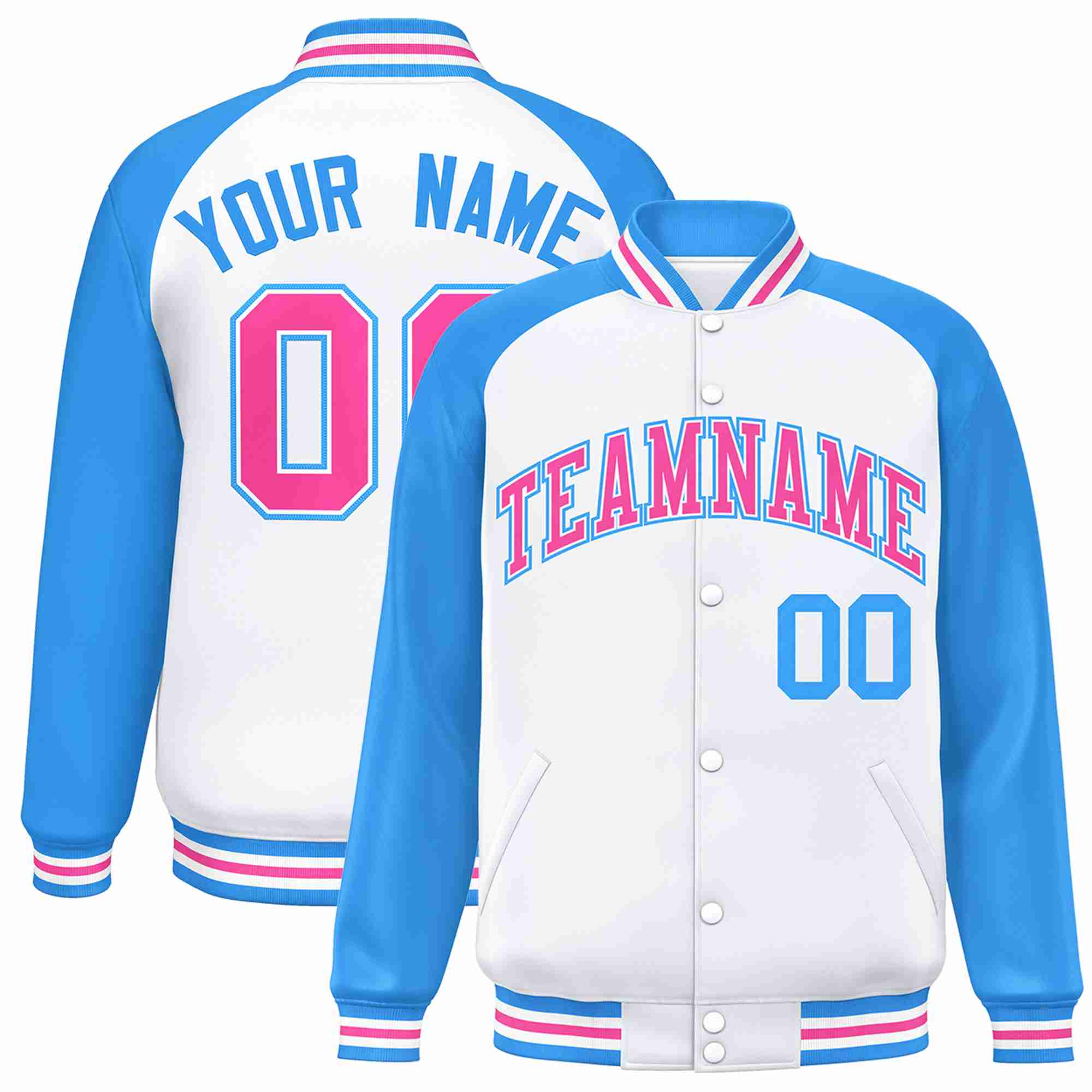 Veste Letterman Varsity Full-Snap à manches raglan blanc rose-blanc personnalisée