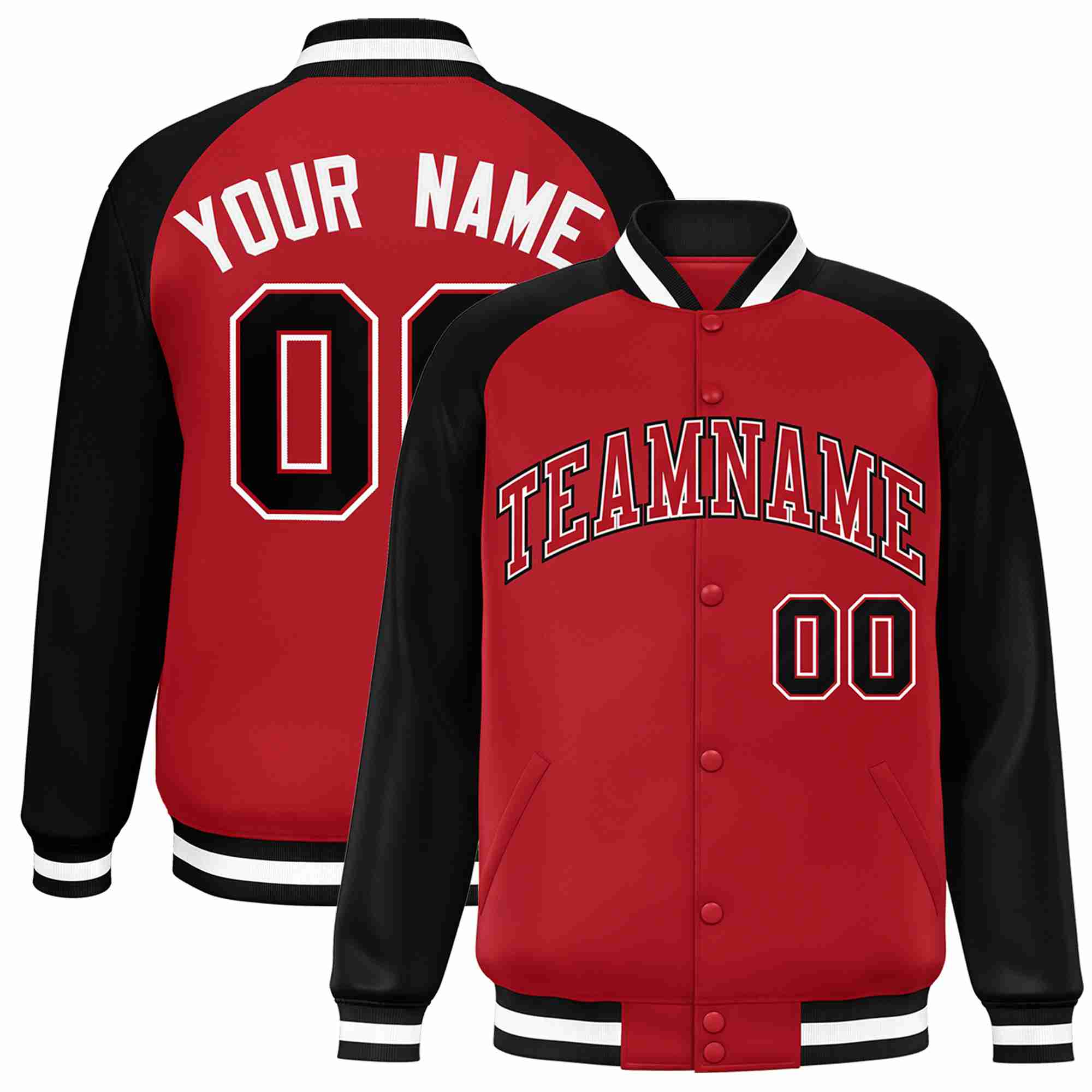 Veste Letterman Varsity Full-Snap à manches raglan rouge-blanc personnalisée