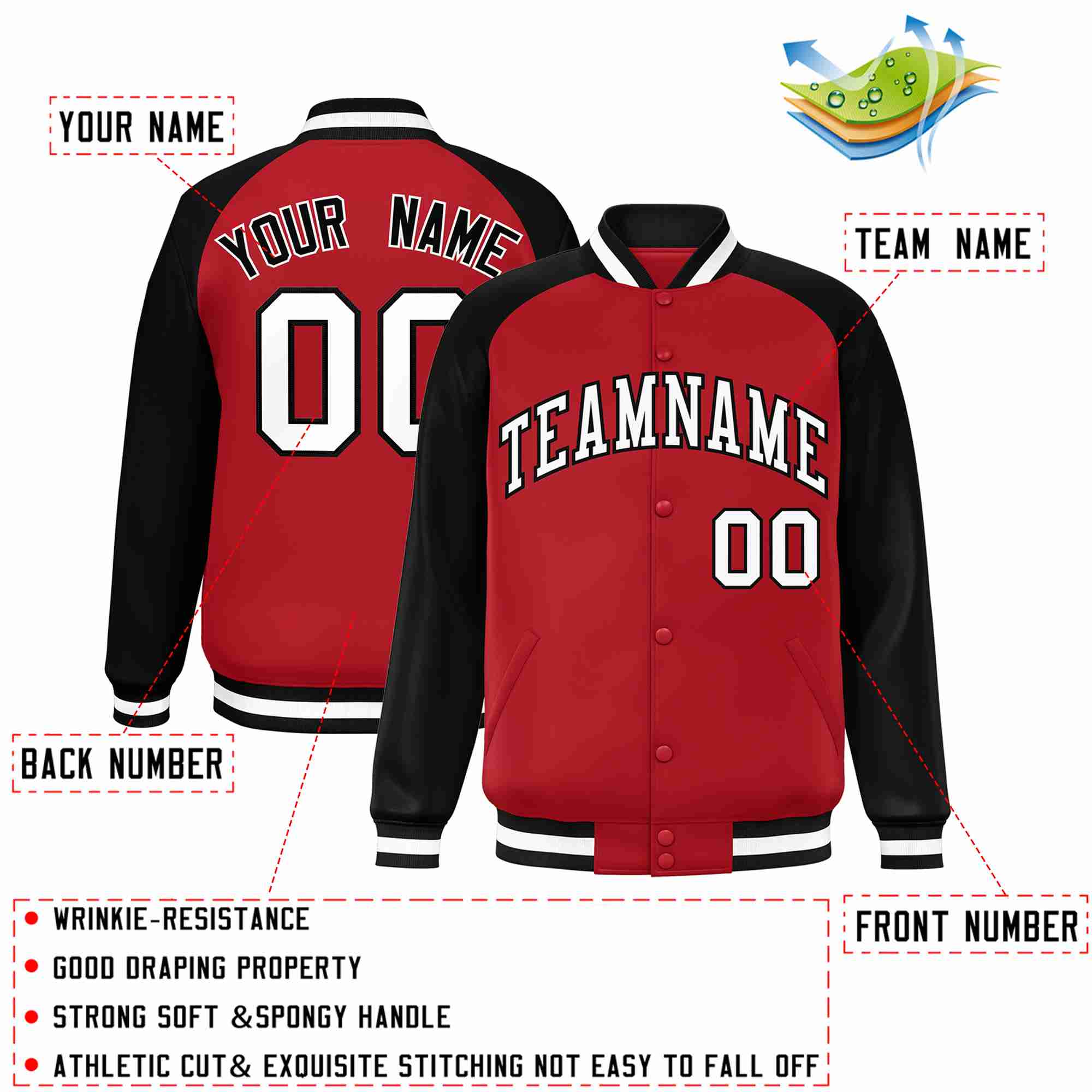 Custom Red White-Black Raglan Sleeves Varsity Full-Snap Letterman Jacket