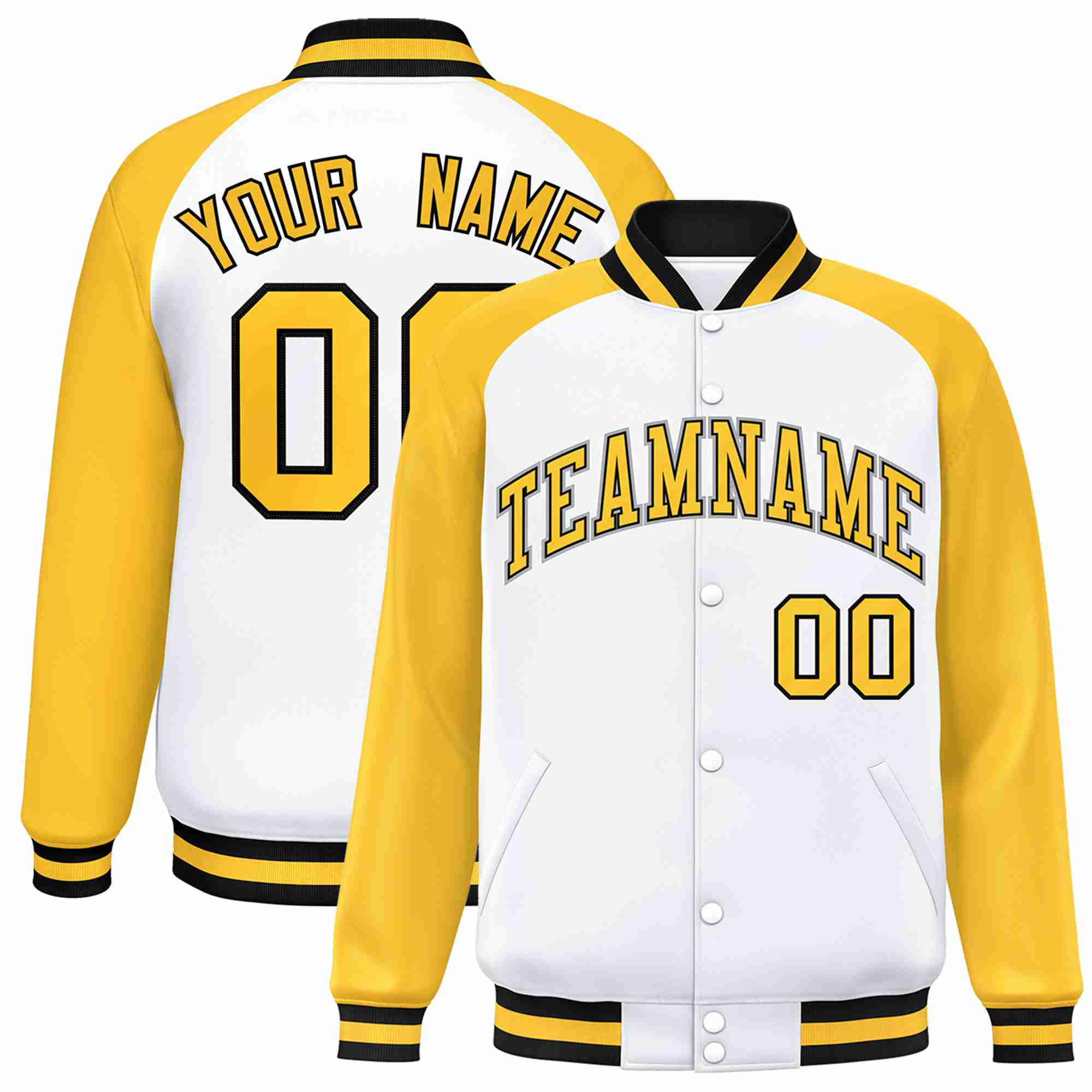 Veste Letterman Varsity Full-Snap à manches raglan personnalisées en or blanc et noir