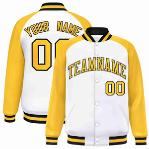 Custom White Gold-Black Raglan Sleeves Varsity Full-Snap Letterman Jacket