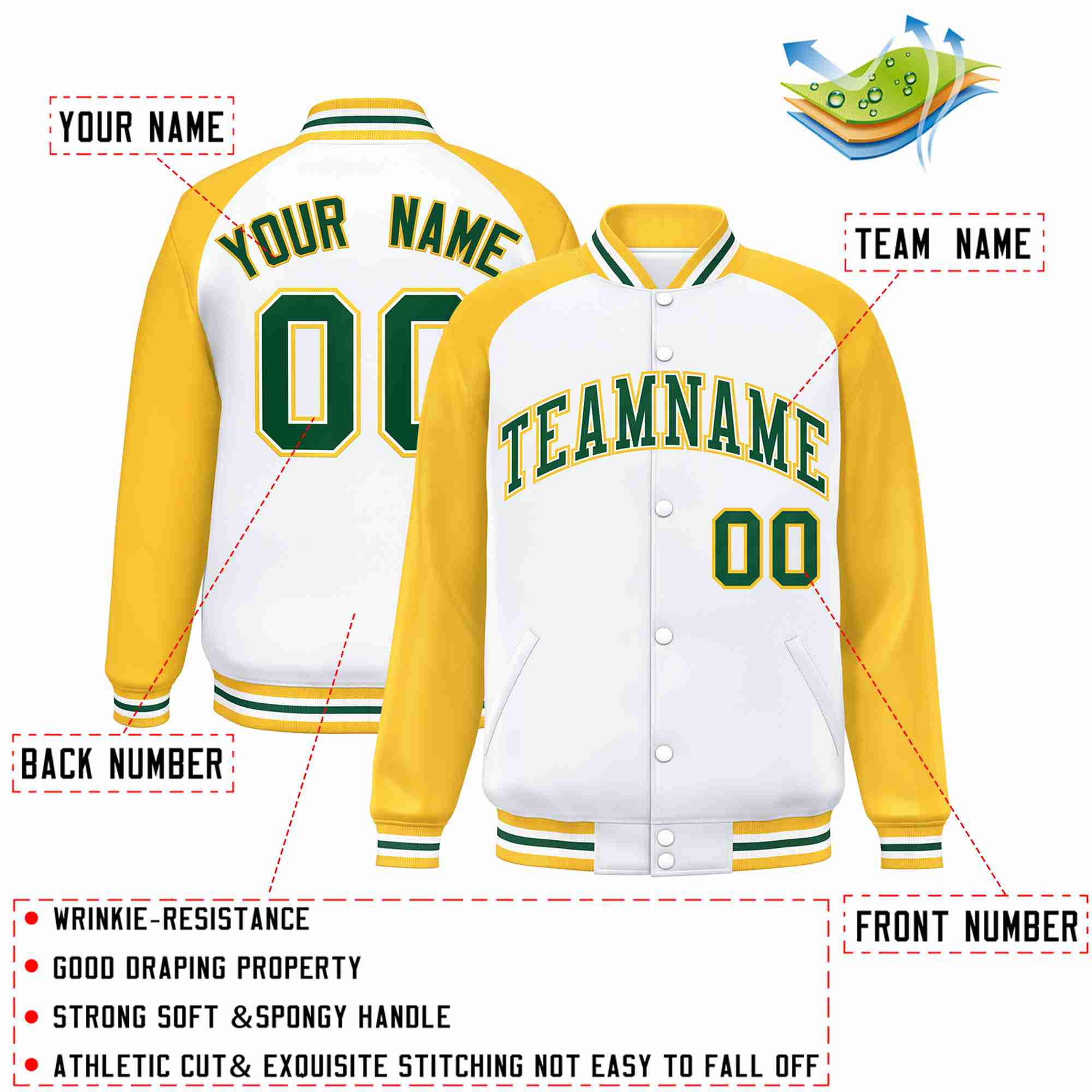 Veste Letterman Varsity Full-Snap personnalisée à manches raglan blanc vert-blanc