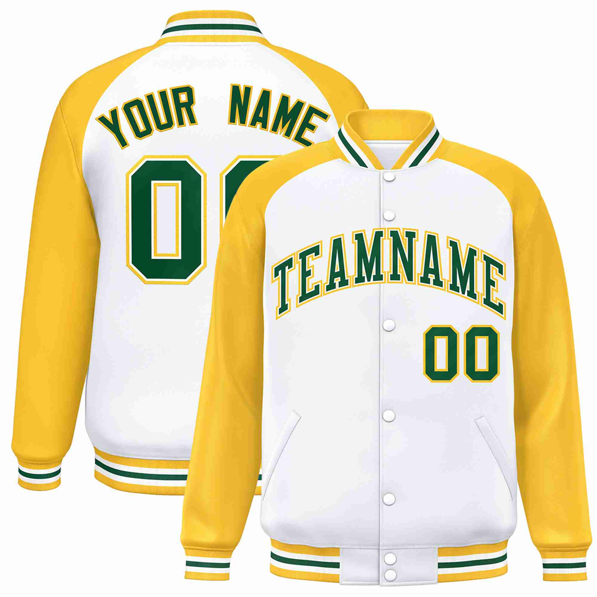 Custom White Green-White Raglan Sleeves Varsity Full-Snap Letterman Jacket