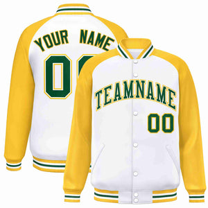 Veste Letterman Varsity Full-Snap personnalisée à manches raglan blanc vert-blanc