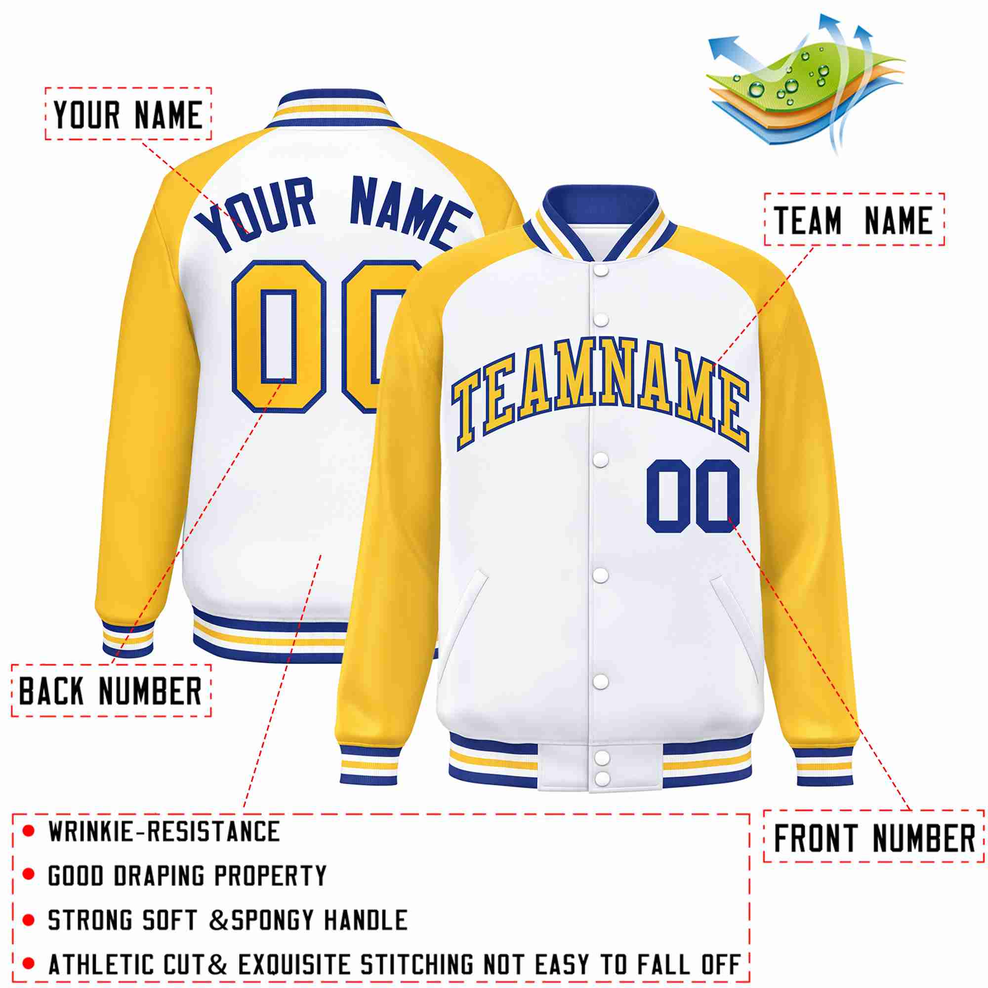 Custom White Gold-Royal Raglan Sleeves Varsity Full-Snap Letterman Jacket