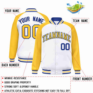 Veste Letterman Varsity Full-Snap Custom White Gold-Royal Raglan Sleeves