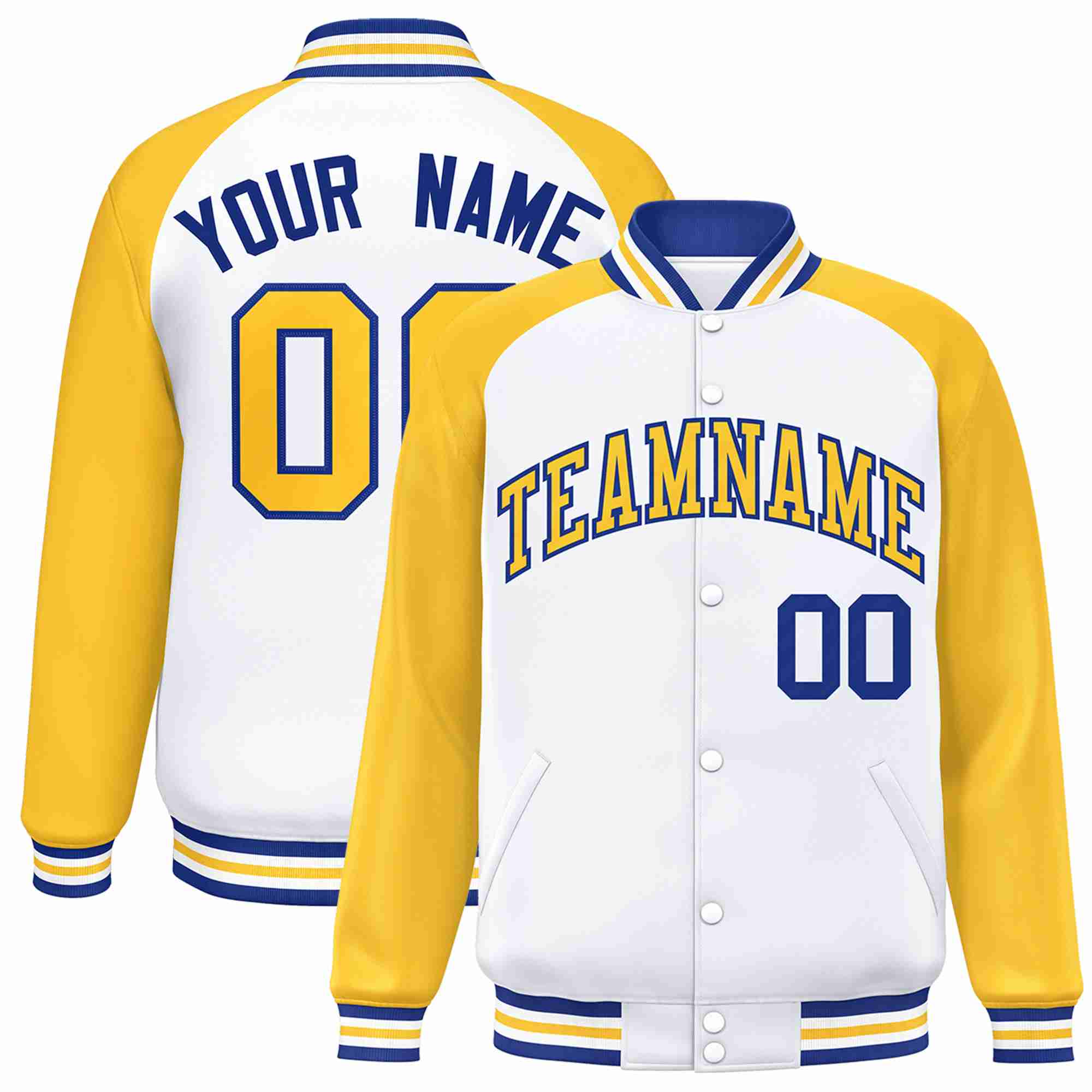 Veste Letterman Varsity Full-Snap Custom White Gold-Royal Raglan Sleeves