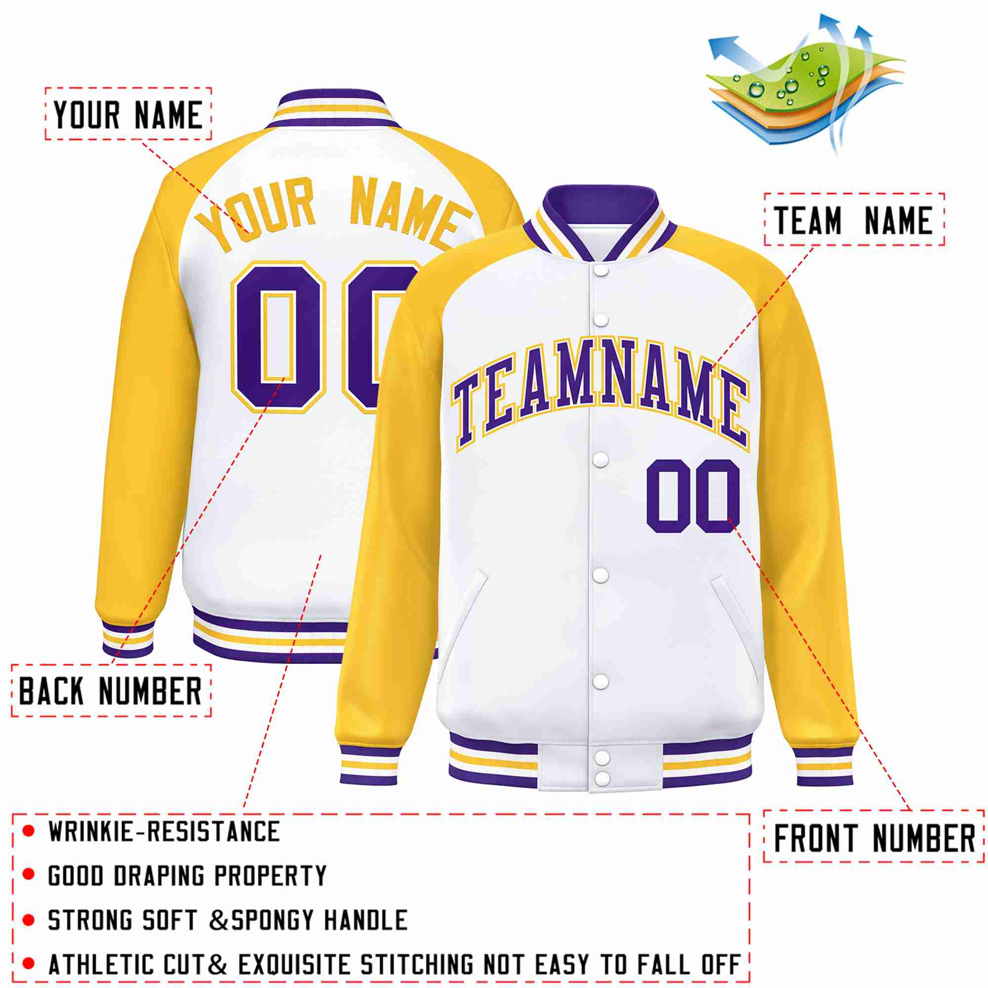 Veste Letterman Varsity Full-Snap personnalisée à manches raglan blanc violet-blanc