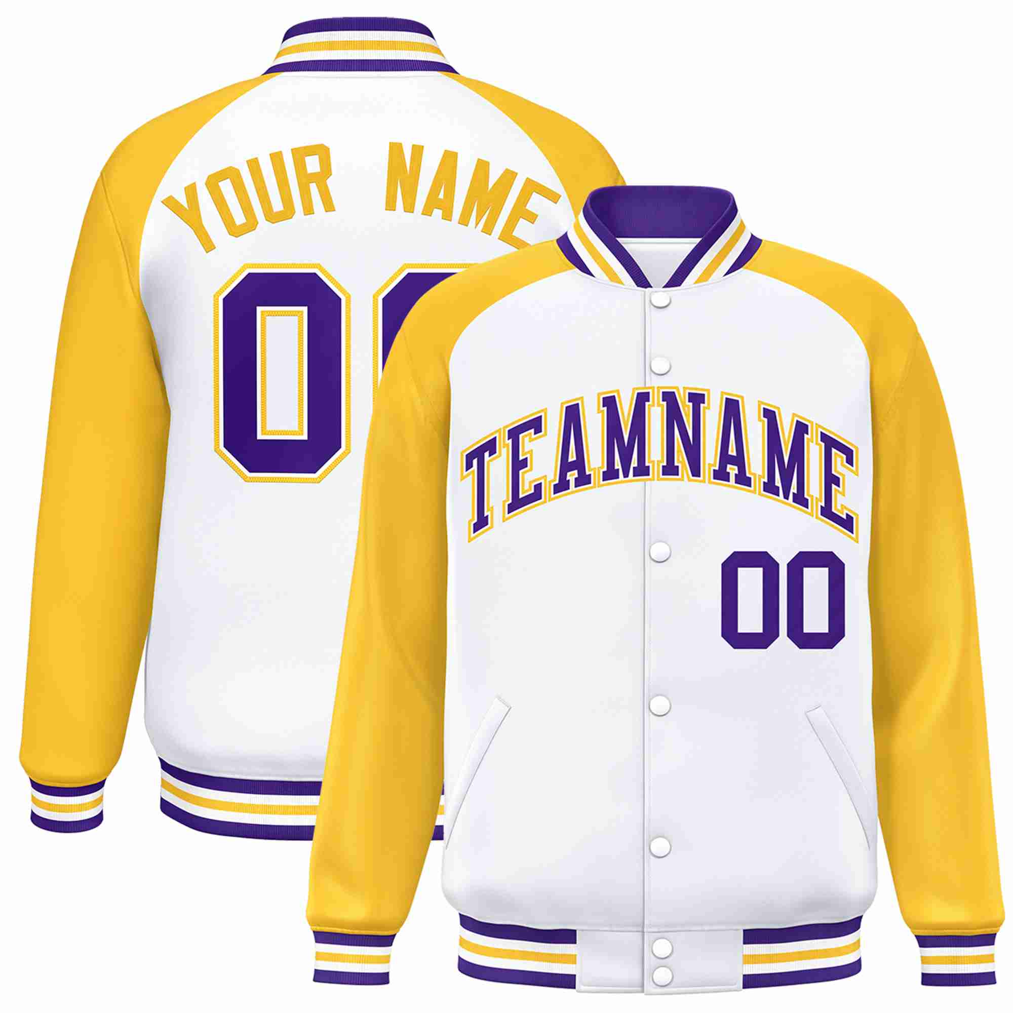 Veste Letterman Varsity Full-Snap personnalisée à manches raglan blanc violet-blanc