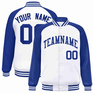 Veste Letterman Varsity Full-Snap à manches raglan royales blanches personnalisées