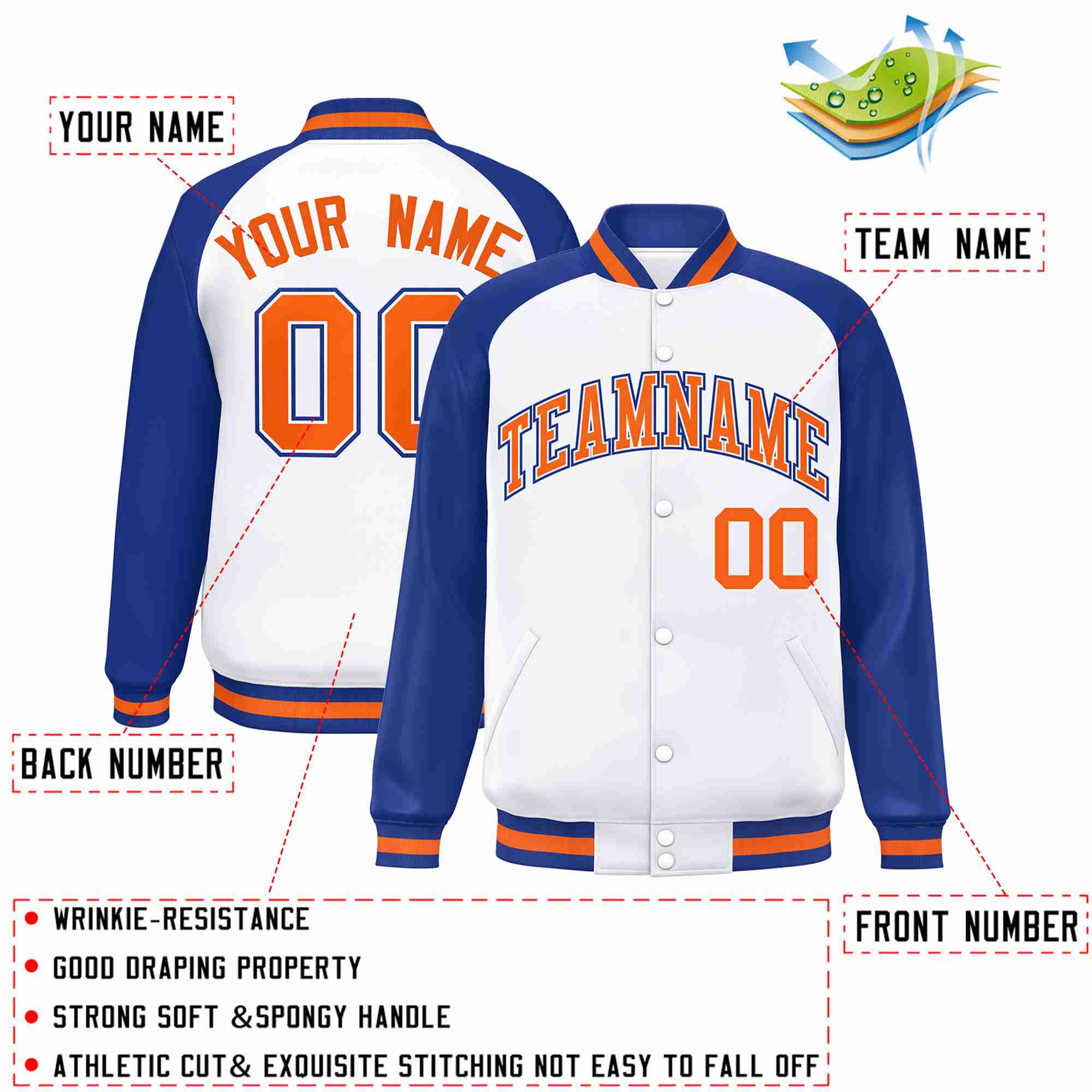 Custom White Orange-White Raglan Sleeves Varsity Full-Snap Letterman Jacket