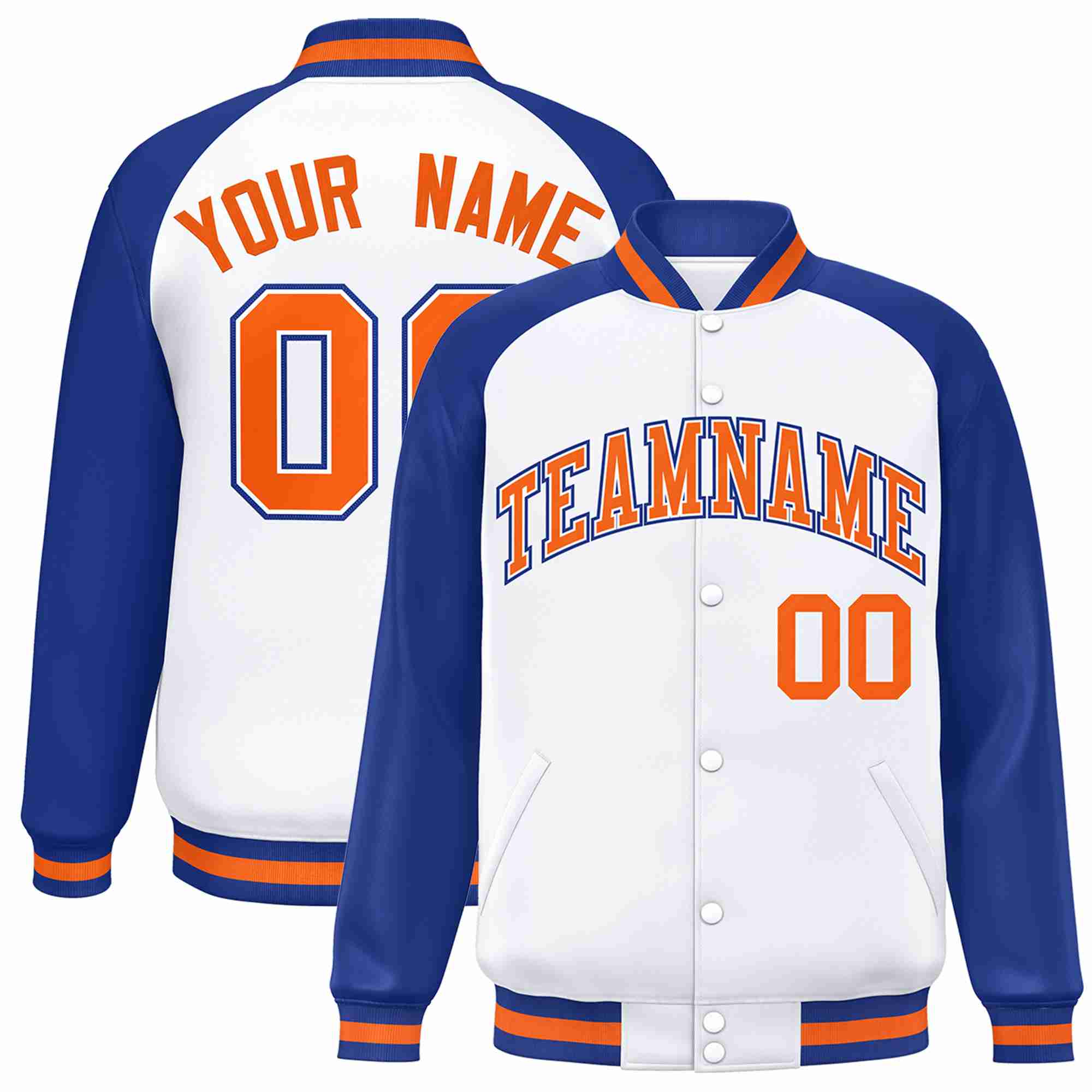 Veste Letterman Varsity Full-Snap à manches raglan blanc-orange-blanc personnalisée