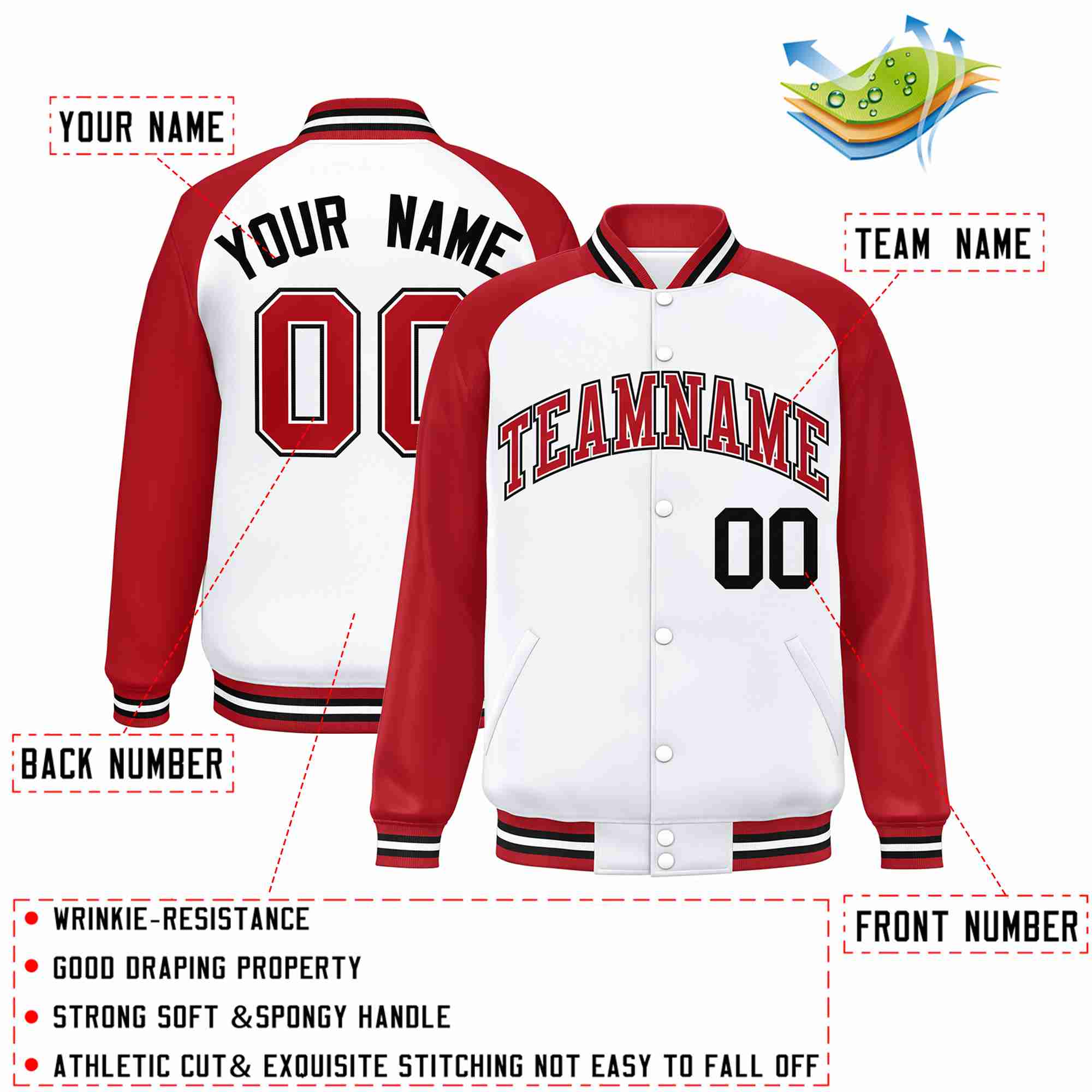 Veste Letterman Varsity Full-Snap à manches raglan blanc rouge-blanc personnalisée