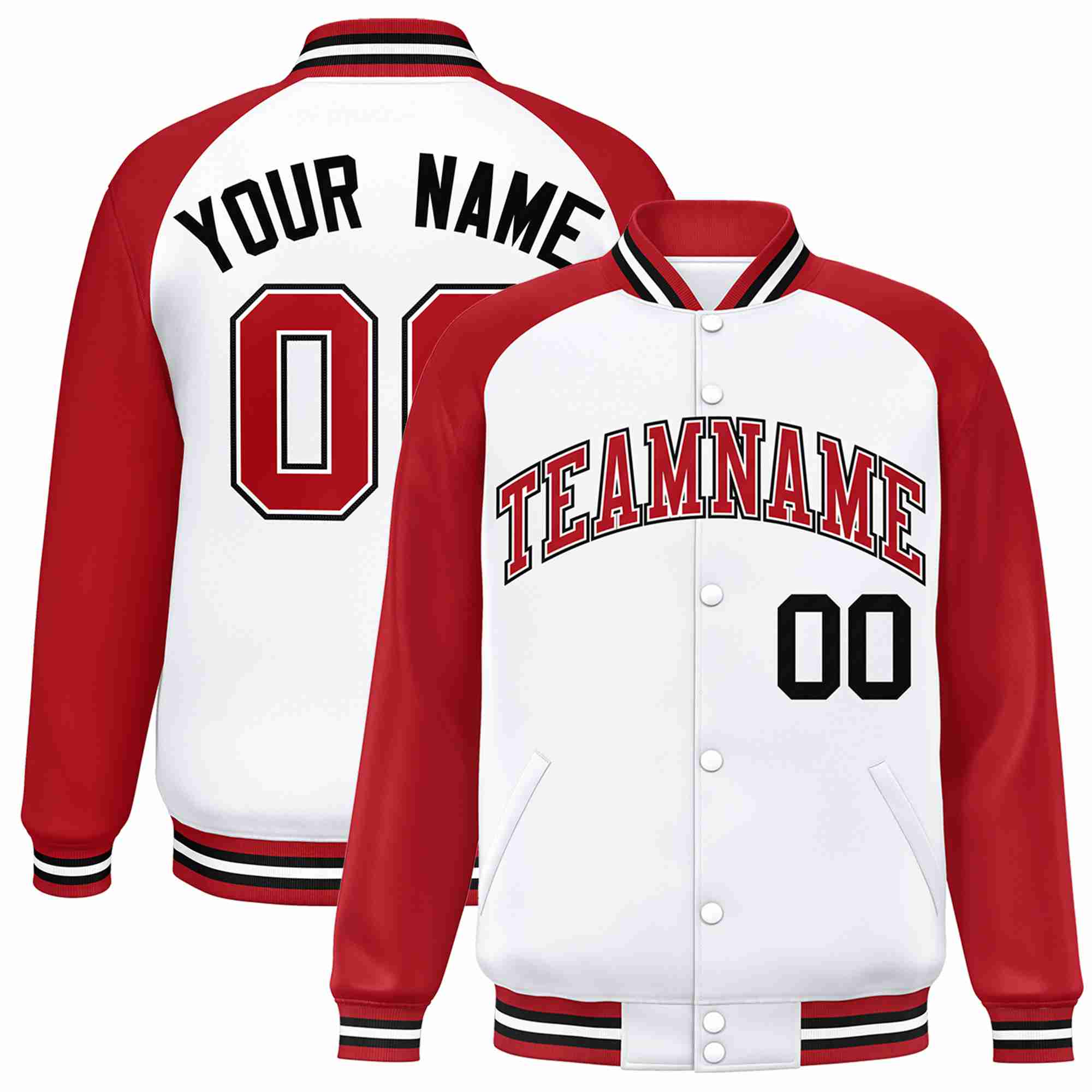 Veste Letterman Varsity Full-Snap à manches raglan blanc rouge-blanc personnalisée