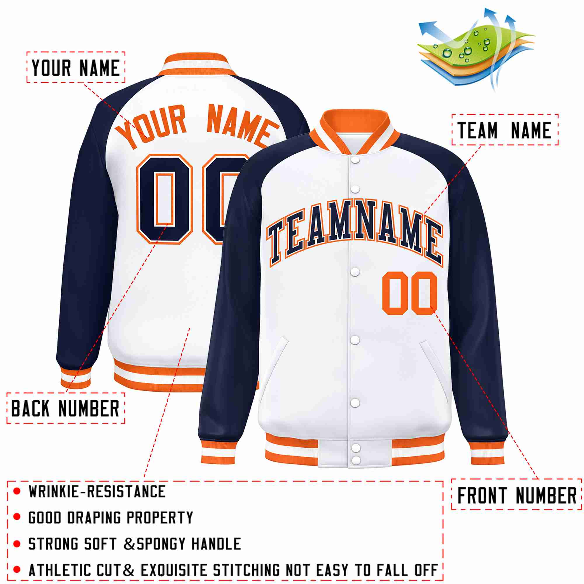 Custom White Navy-White Raglan Sleeves Varsity Full-Snap Letterman Jacket