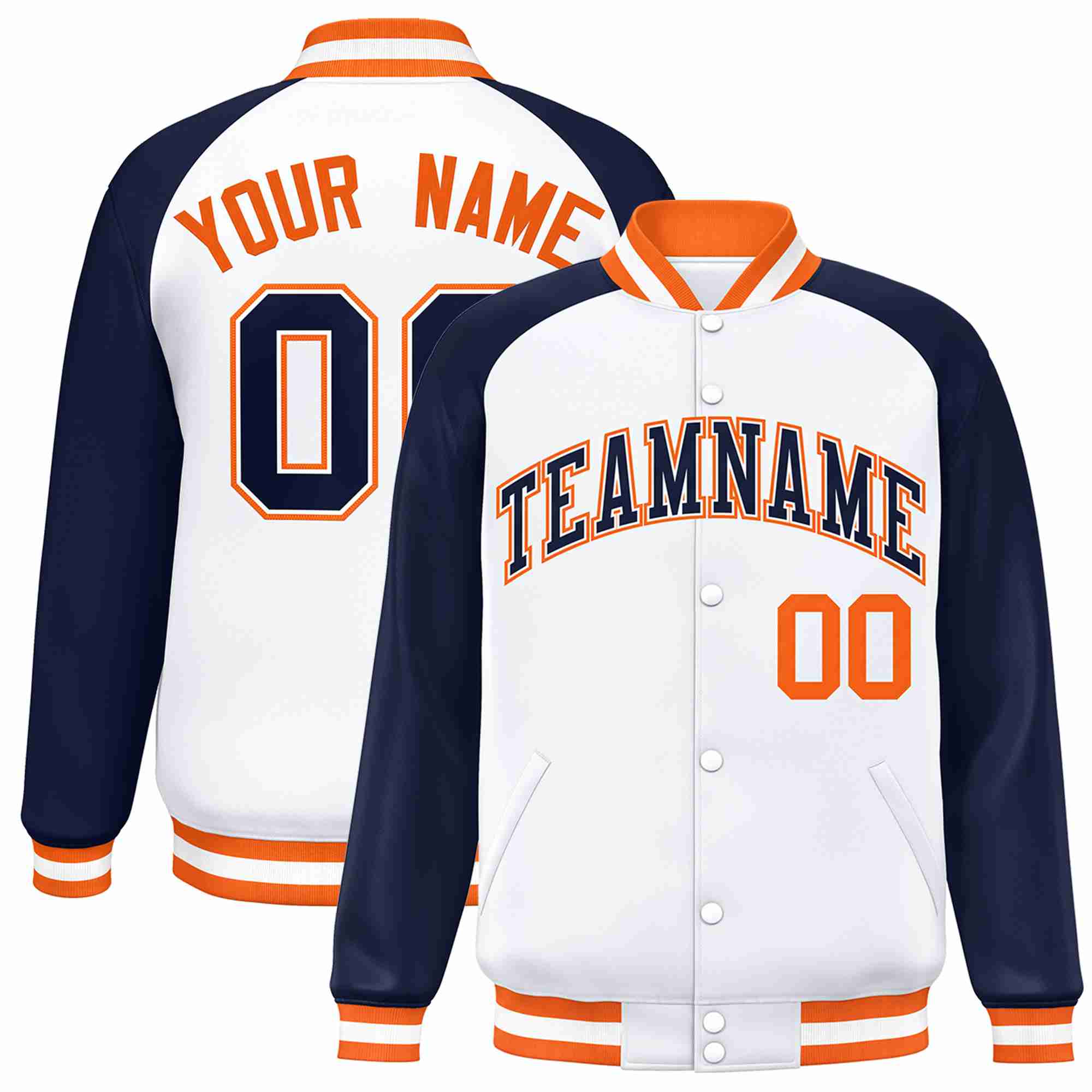 Veste Letterman Varsity Full-Snap à manches raglan blanches et blanches personnalisées