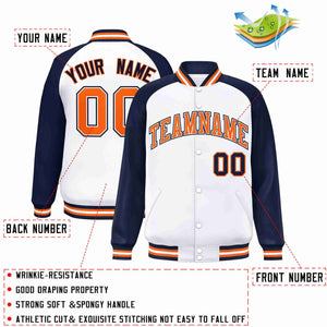 Custom White Orange-White Raglan Sleeves Varsity Full-Snap Letterman Jacket