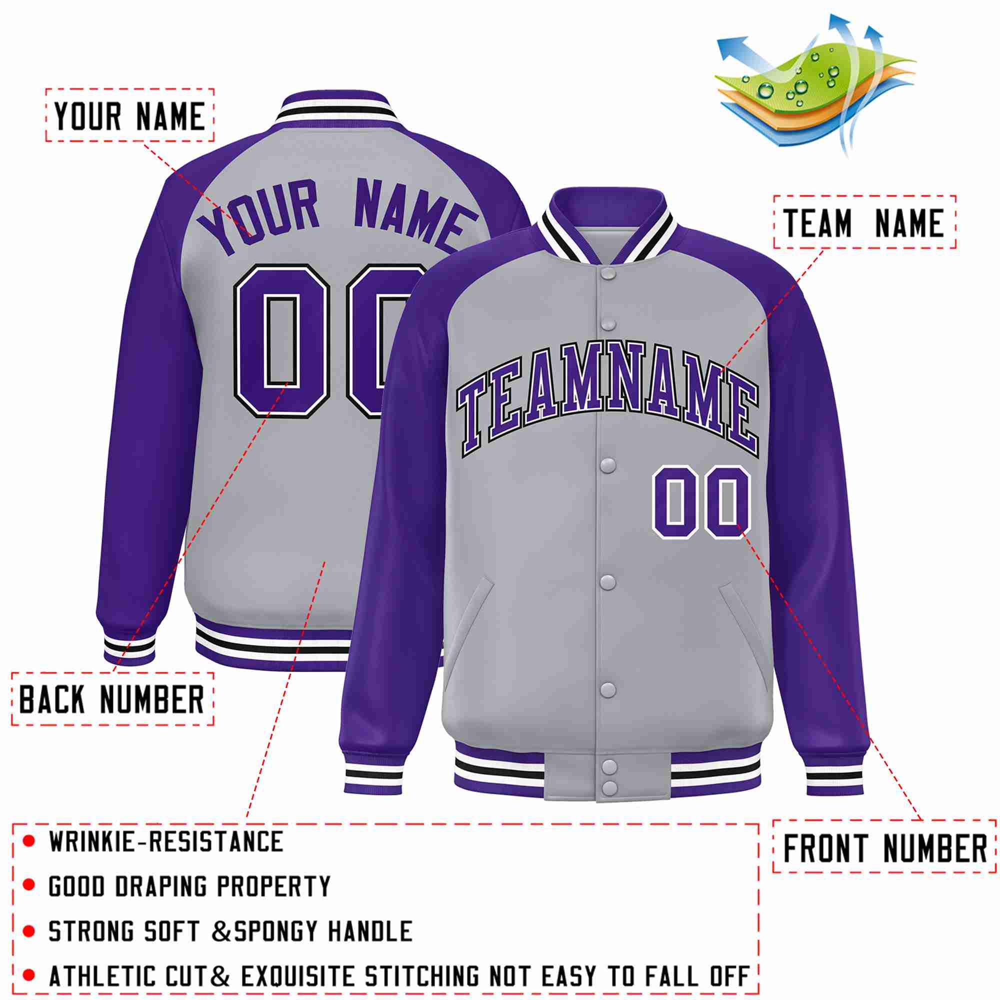 Custom Gray Purple-White Raglan Sleeves Varsity Full-Snap Letterman Jacket