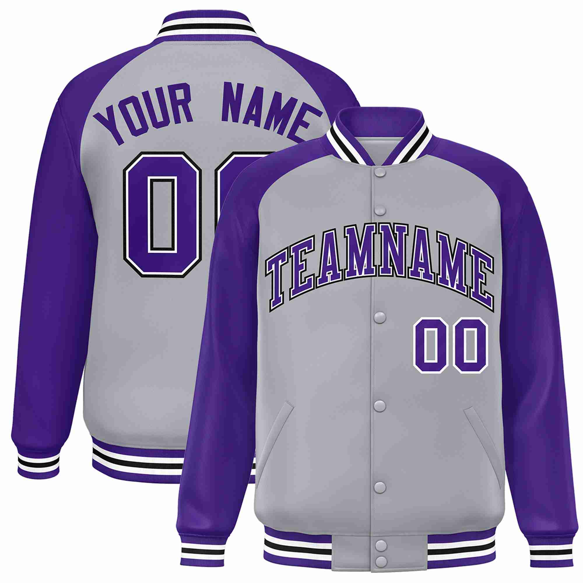 Veste Letterman Varsity Full-Snap à manches raglan gris violet-blanc personnalisée