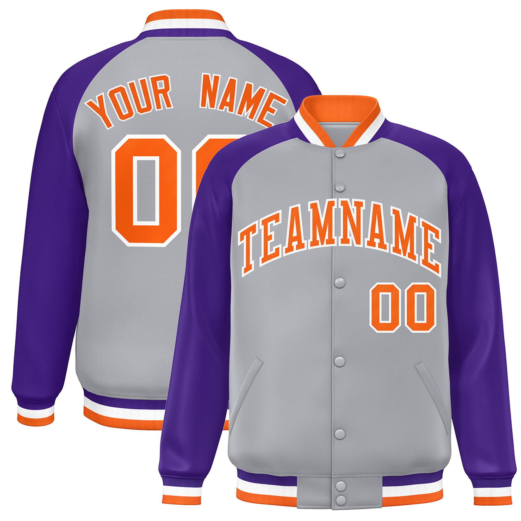 Custom Gray Orange-White Raglan Sleeves Varsity Full-Snap Letterman Jacket