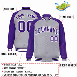 Veste Letterman Varsity Full-Snap à manches raglan gris violet-blanc personnalisée