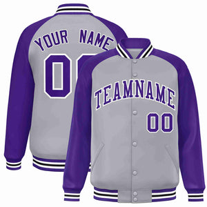 Veste Letterman Varsity Full-Snap à manches raglan gris violet-blanc personnalisée