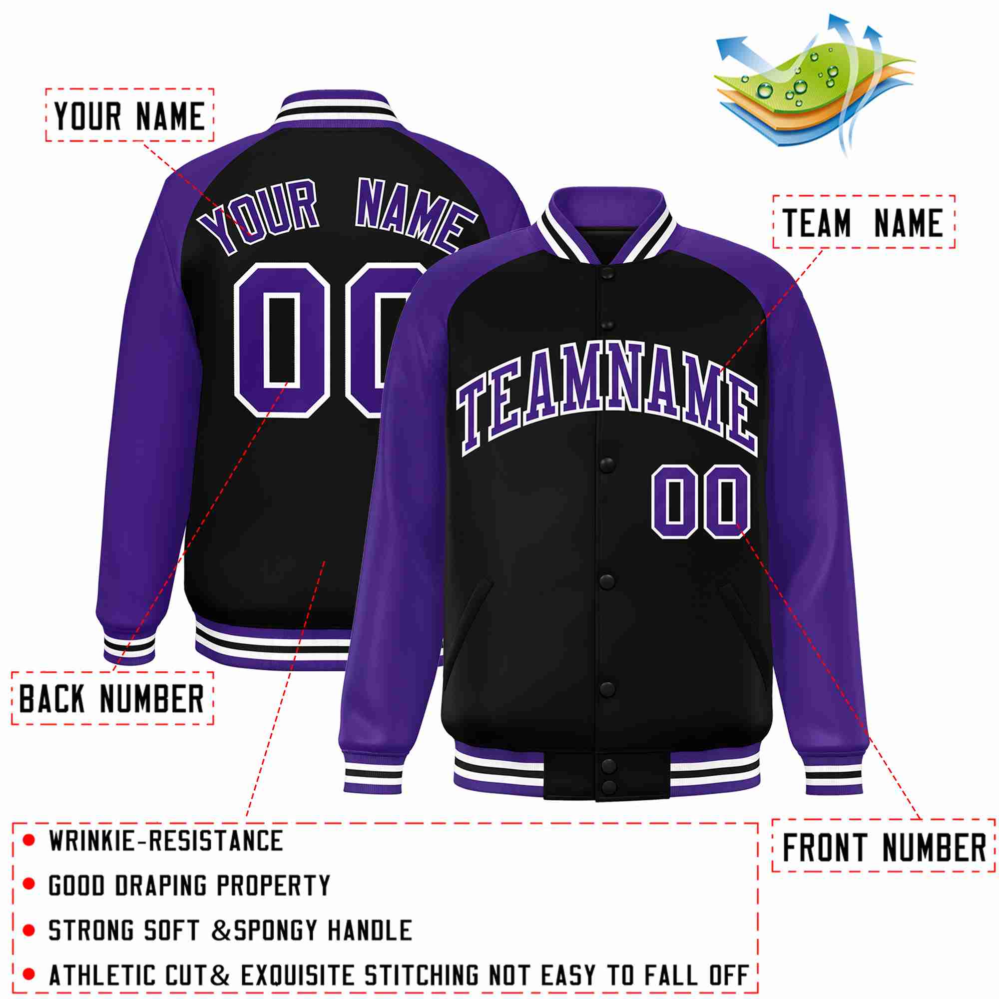 Custom Black Purple-White Raglan Sleeves Varsity Full-Snap Letterman Jacket