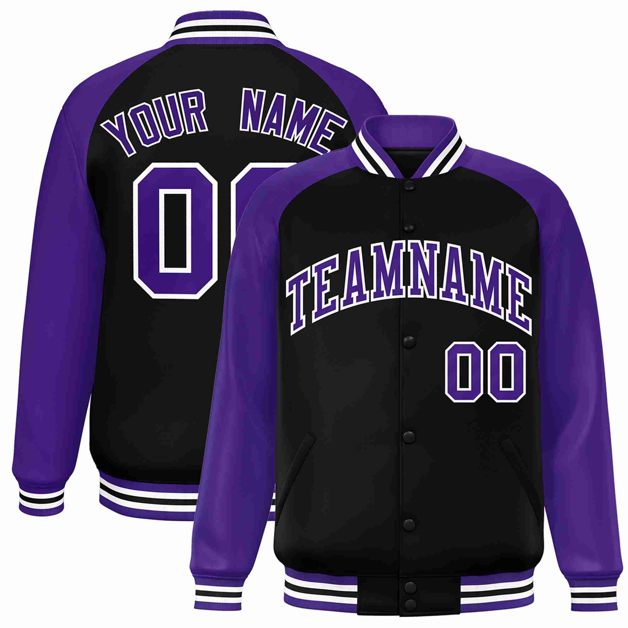 Veste Letterman Varsity Full-Snap à manches raglan personnalisées noir violet-blanc