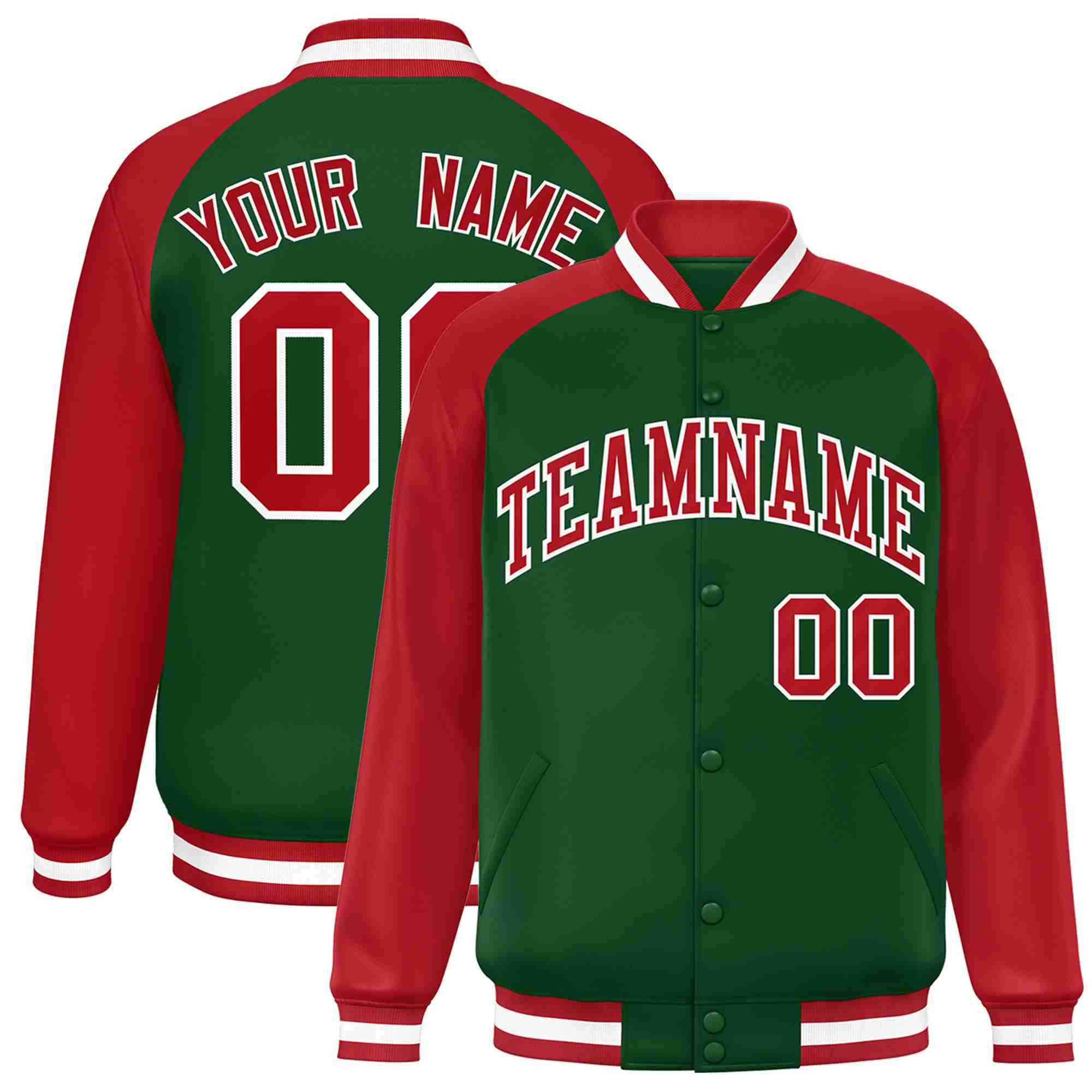 Custom Green Red-White Raglan Sleeves Varsity Full-Snap Letterman Jacket