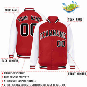 Veste Letterman Varsity Full-Snap à manches raglan rouge noir-blanc personnalisée