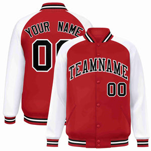 Veste Letterman Varsity Full-Snap à manches raglan rouge noir-blanc personnalisée