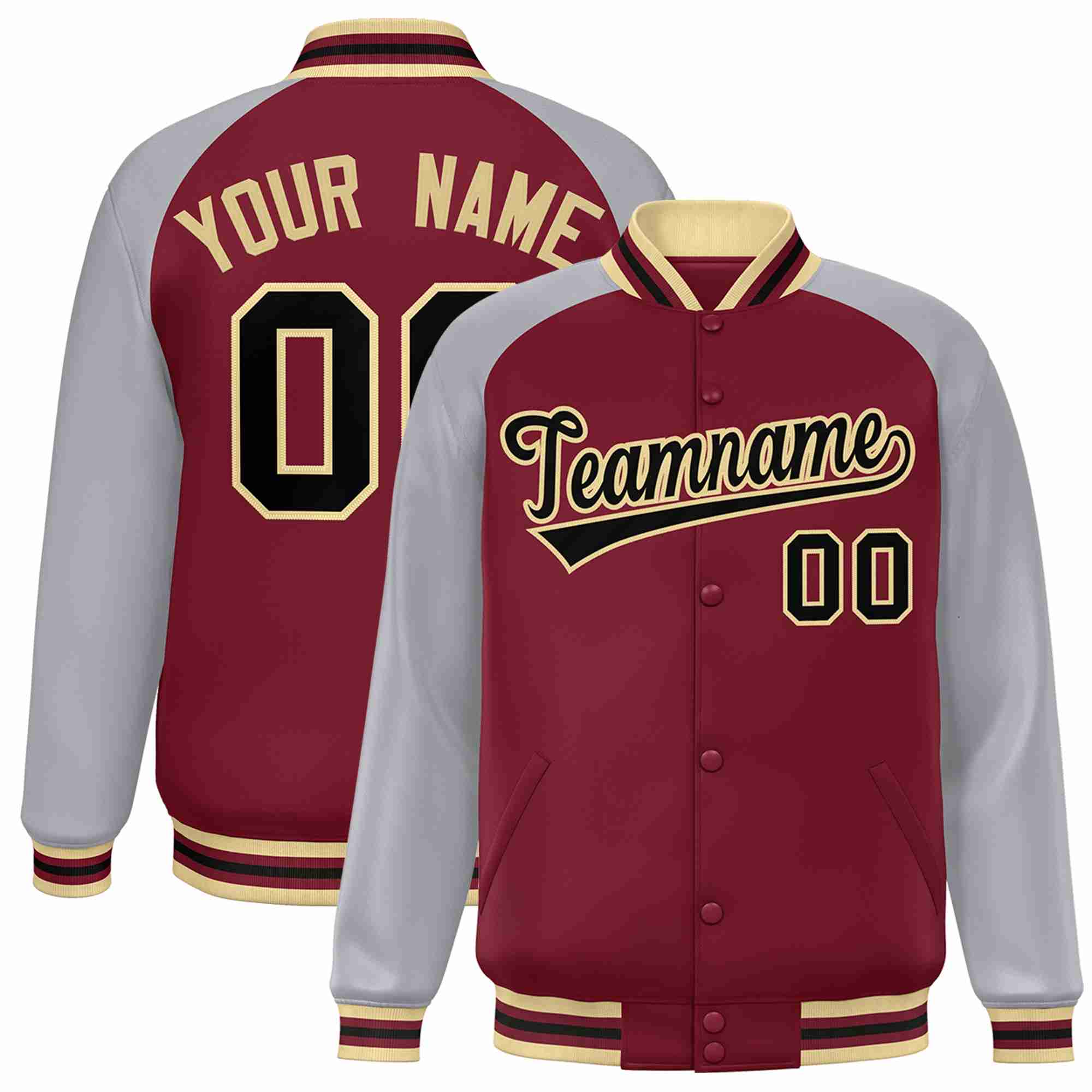 Veste Letterman Varsity Full-Snap Custom Crimson Noir-Kaki à manches raglan