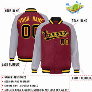 Custom Crimson Black-Gold Raglan Sleeves Varsity Full-Snap Letterman Jacket