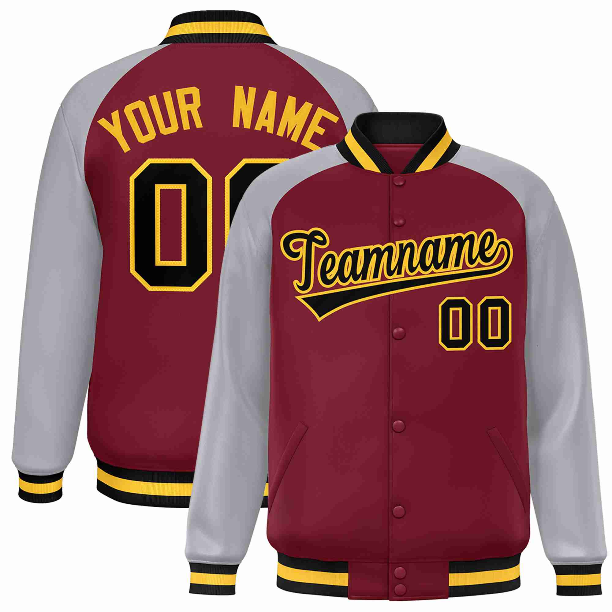 Veste Letterman Varsity Full-Snap à manches raglan personnalisées pourpre noir-or