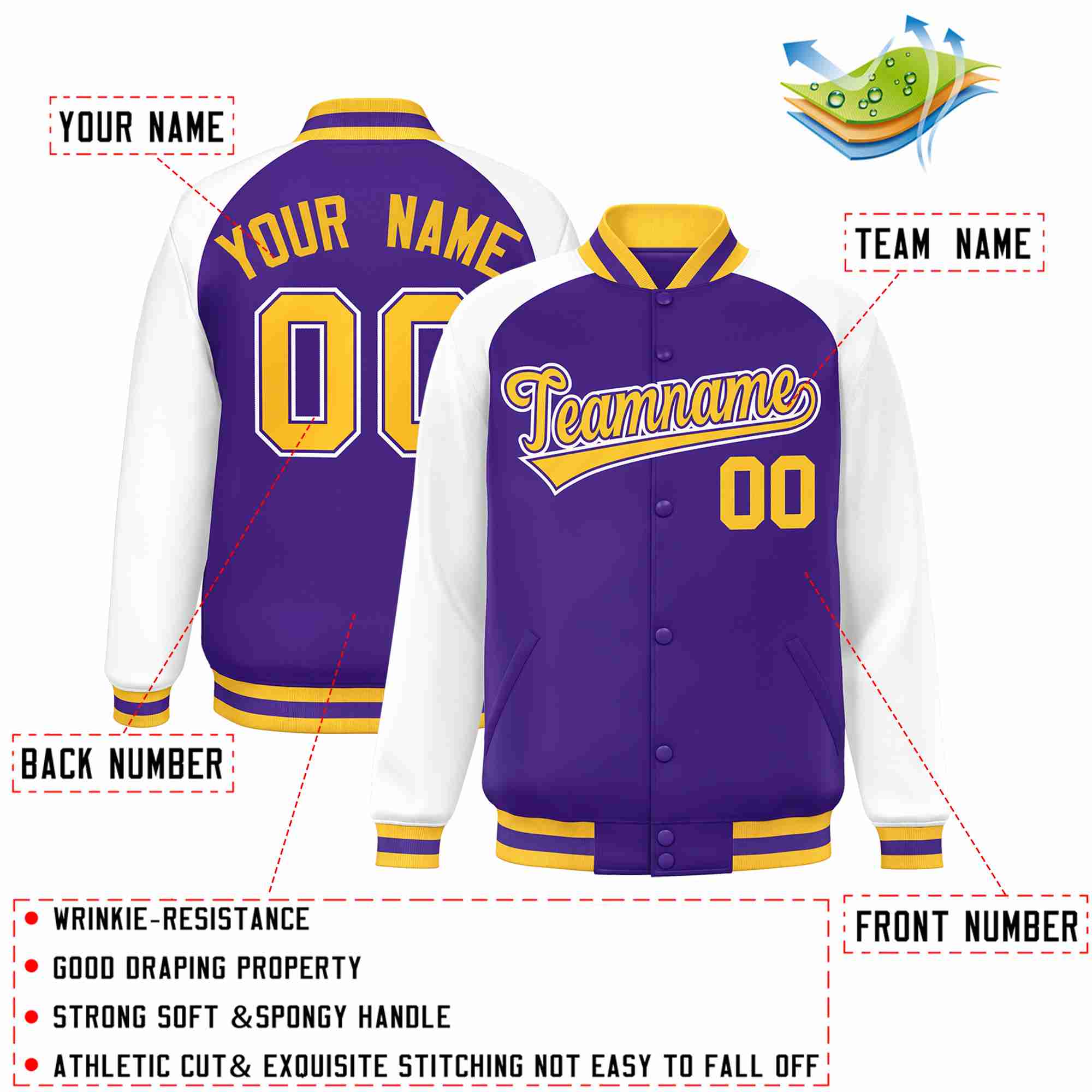 Custom Purple Gold-Purple Raglan Sleeves Varsity Full-Snap Letterman Jacket