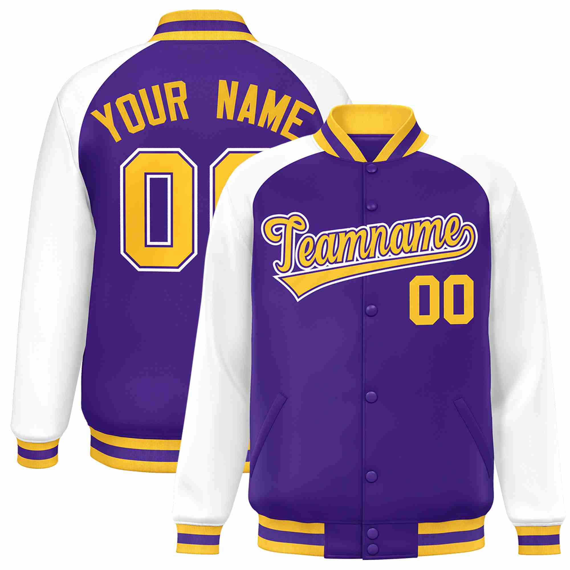 Custom Purple Gold-Purple Raglan Sleeves Varsity Full-Snap Letterman Jacket