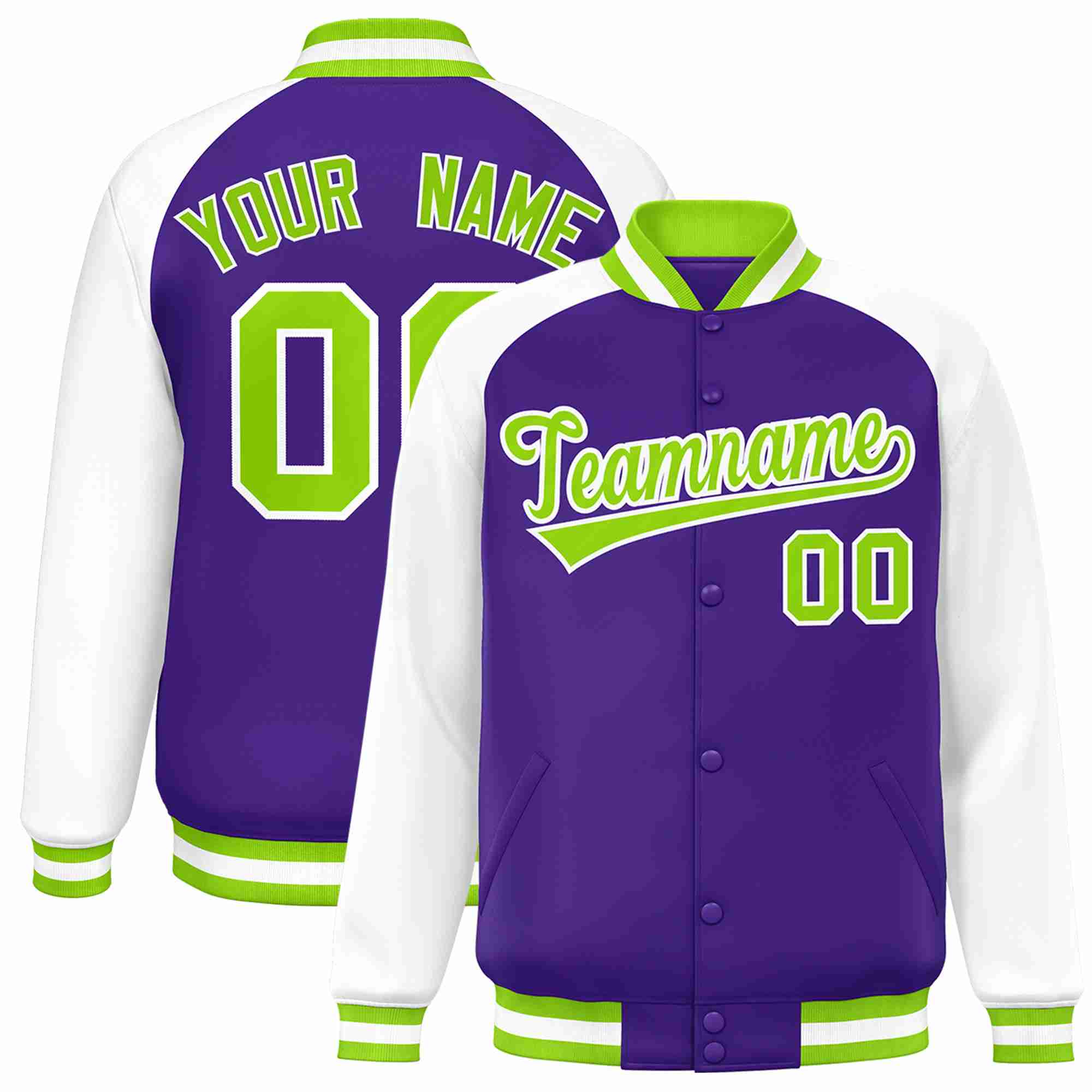 Veste Letterman universitaire à manches raglan violet fluo vert-blanc personnalisée